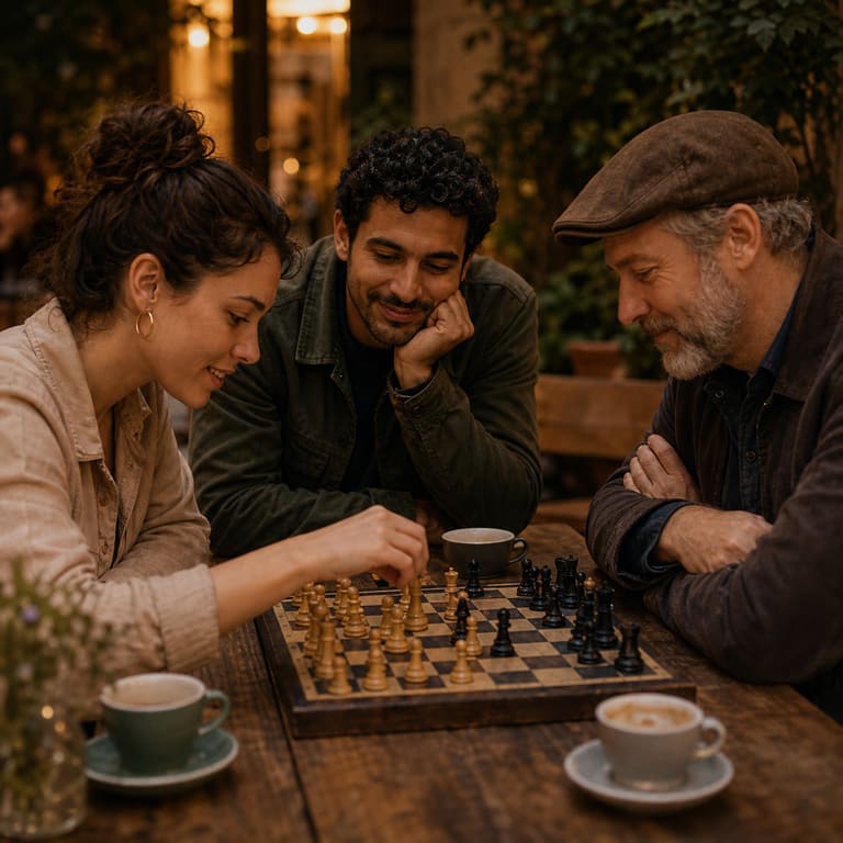 People playing chess together at a cafe table