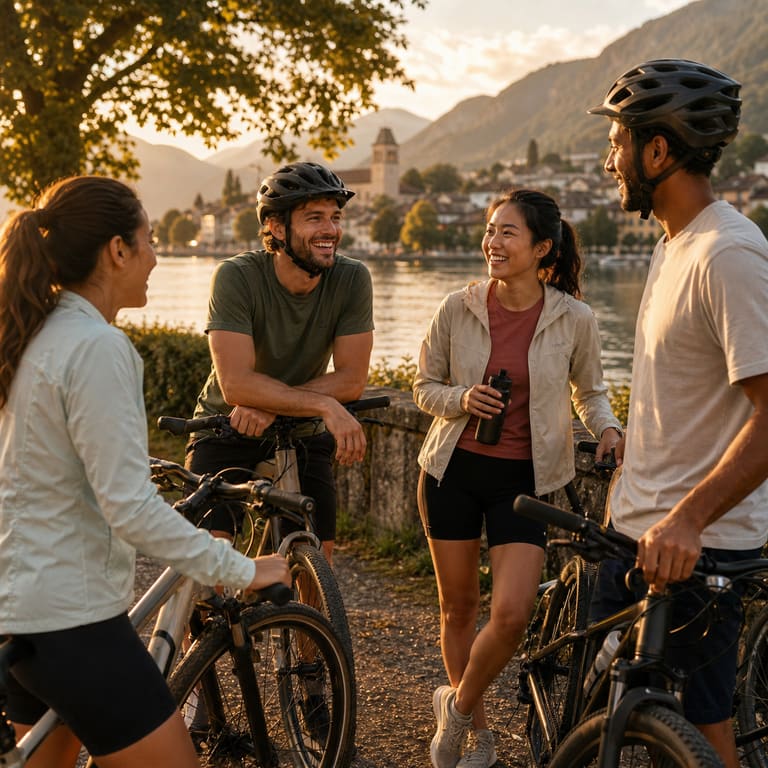 Small group preparing for a cycling ride outdoors