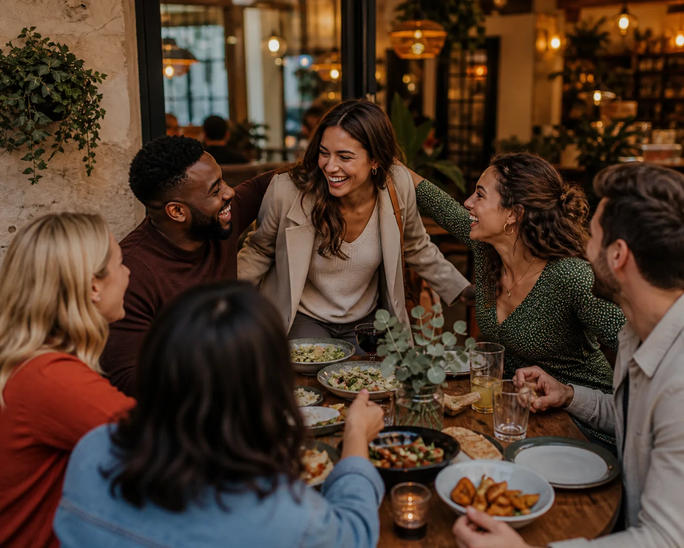 Friends laughing together around a warm table
