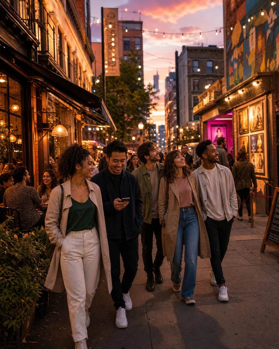 Friends discovering nearby city experiences on a warm evening