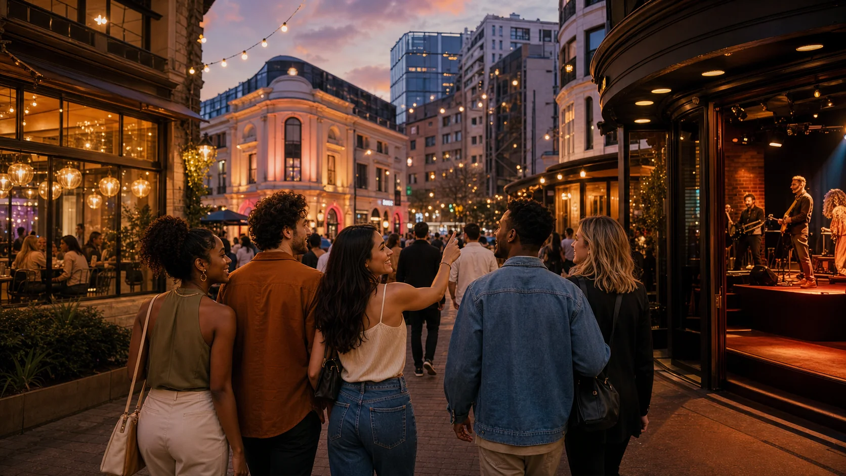 People moving through a warm evening city between restaurants, music, and entertainment