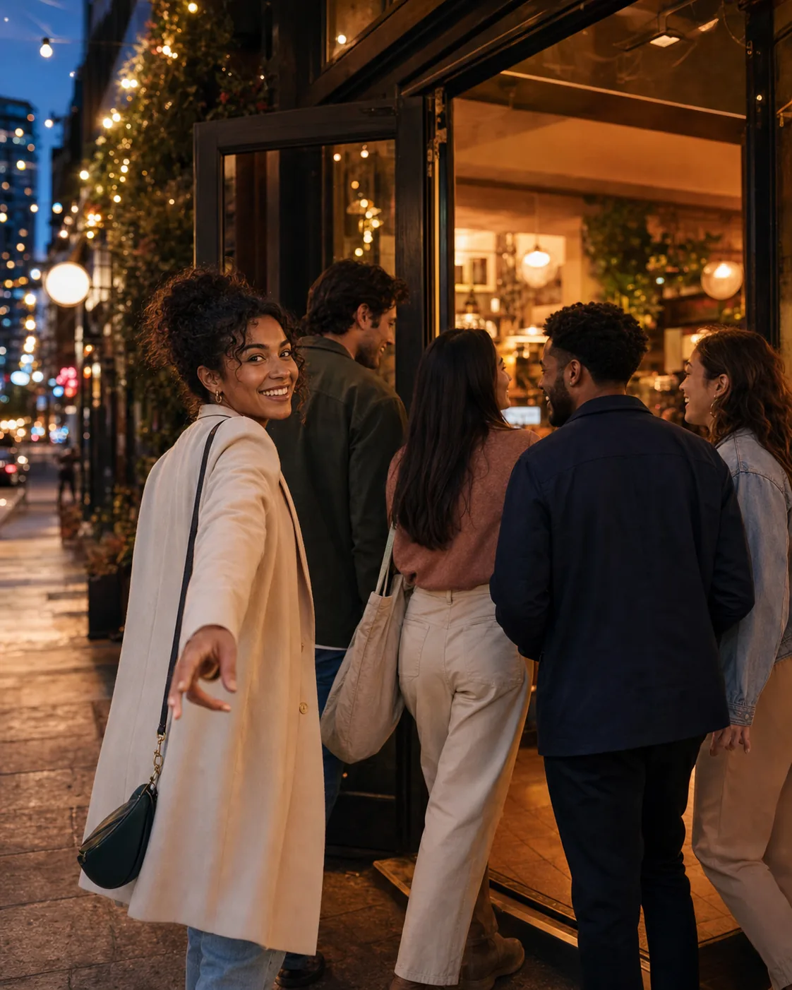 Friends entering a warm city venue together at night