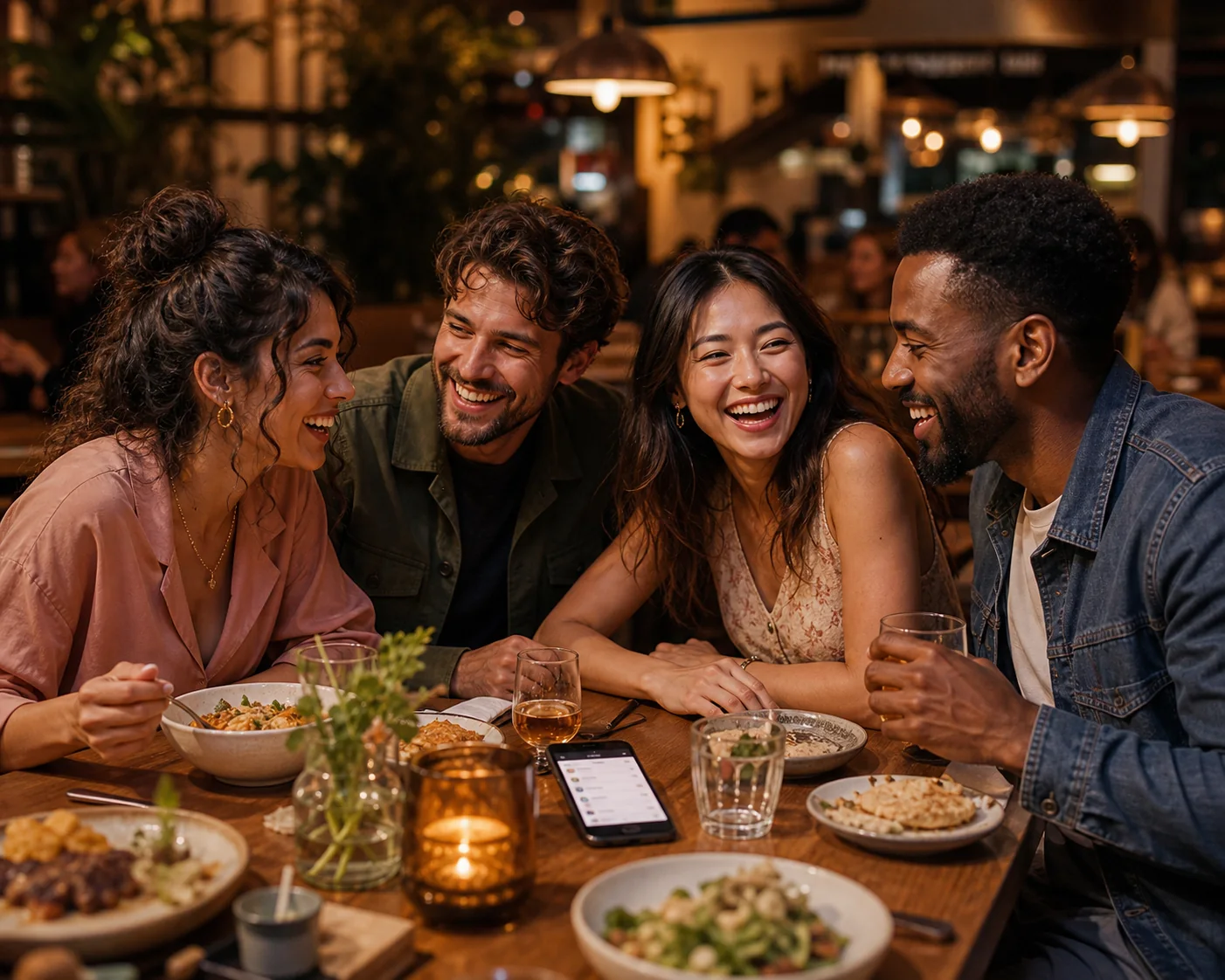 Friends around a warm table deciding where to go together