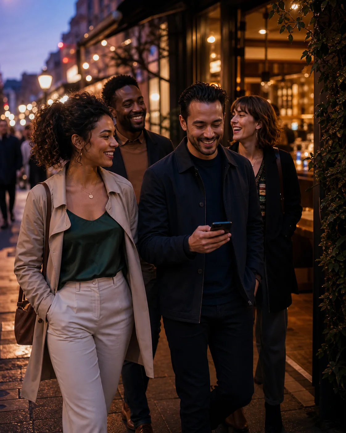 Friends walking through a colorful evening city toward a warm venue
